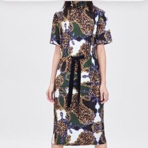 Chain Leopard Print Midi Dress Mock Neck Short Sleeve Belted‎ Olive Green